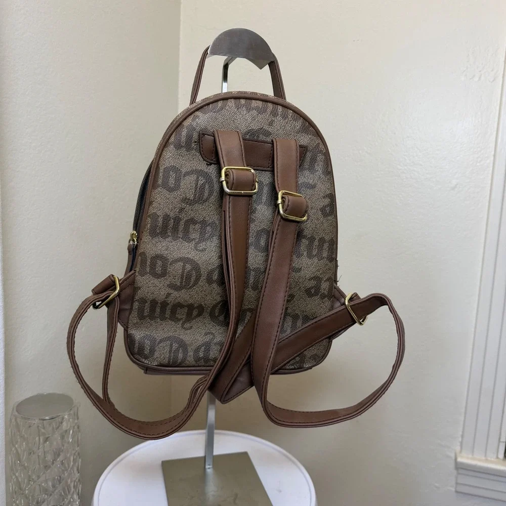 Juicy Couture Brown Monogram‎ Mini Backpack Gold Heart Chain Logo Print Bag